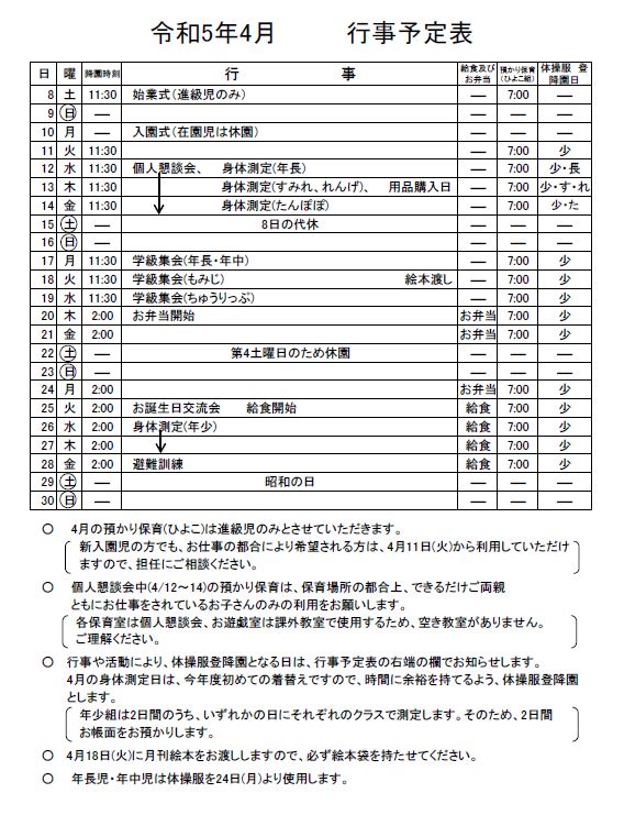 4月のお知らせ